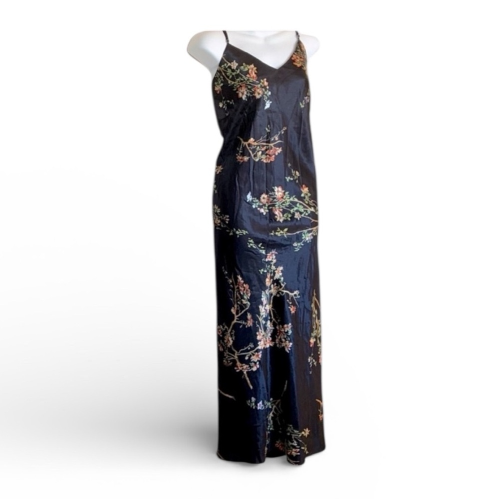 Shadowline SILHOUETTE satin night gown, black & flowers, adj. straps. VTG XL